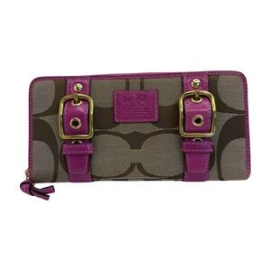 Coach Signature Canvas SoHo Buckle Zip Around Wallet Brown & Pink
